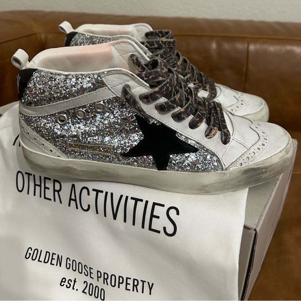Golden Goose Mid Star Glitter Wing Tip Sneakers
